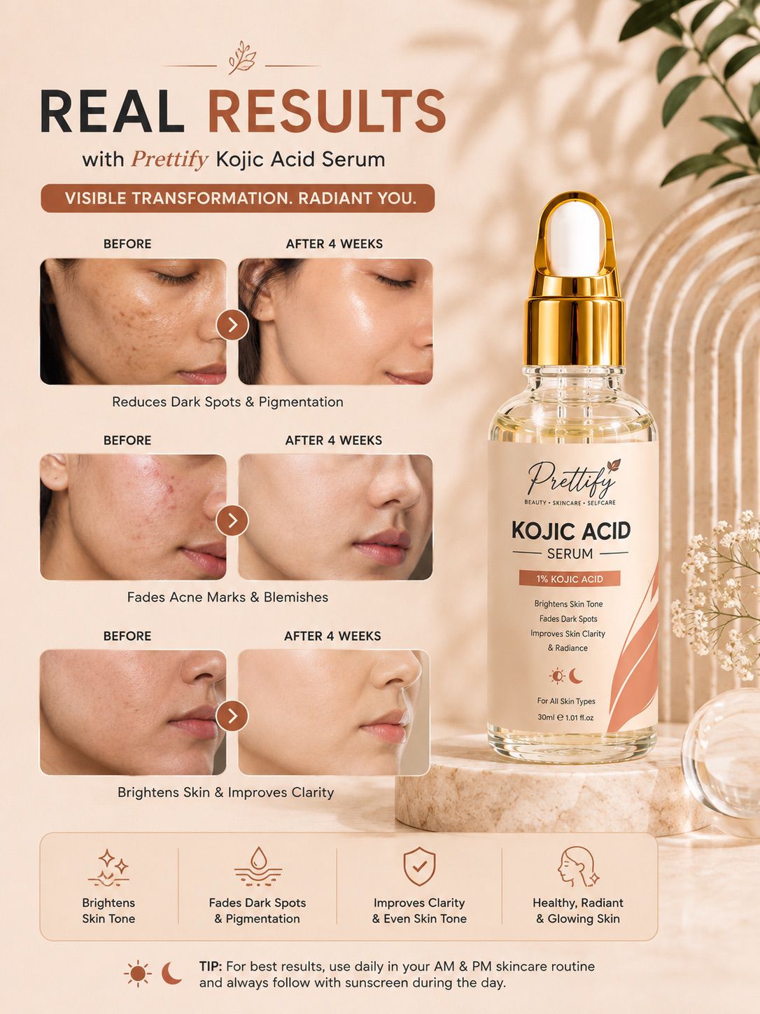 Prettify 1% Kojic Acid Brightening Serum for even-toned radiant-looking skin