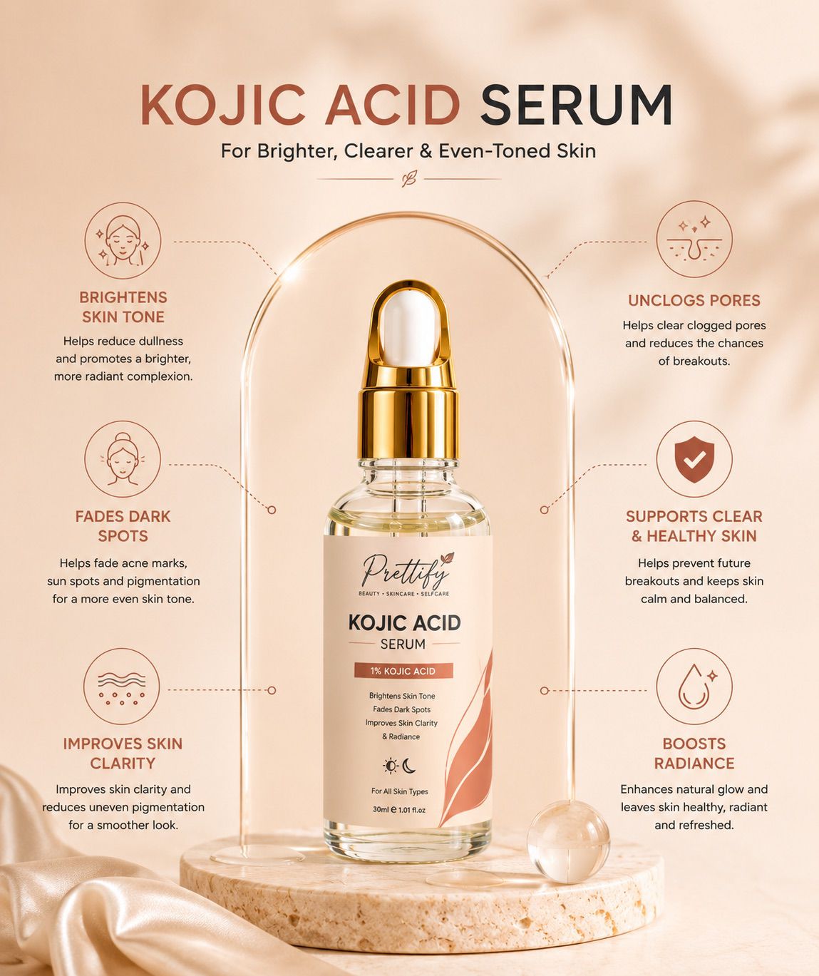 Prettify 1% Kojic Acid Brightening Serum for even-toned radiant-looking skin