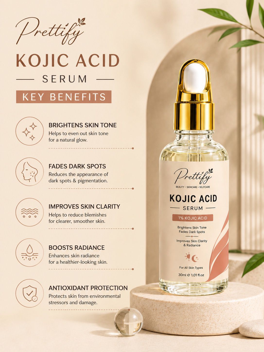 Prettify 1% Kojic Acid Brightening Serum for even-toned radiant-looking skin