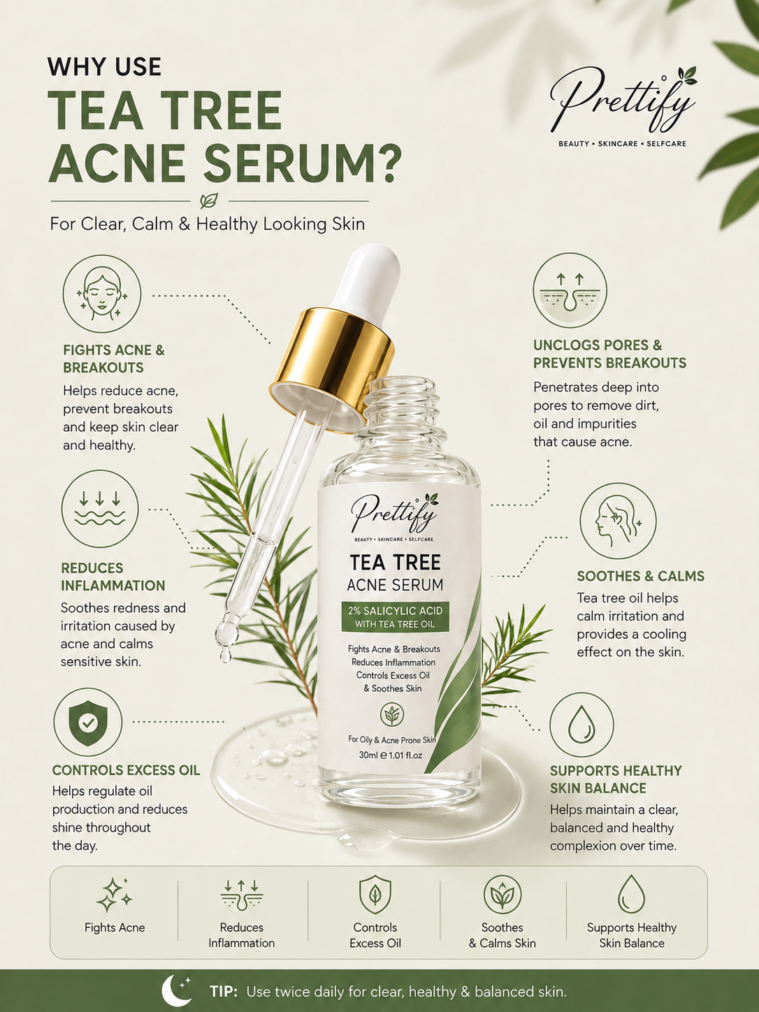 Prettify 2% Salicylic Acid and Tea Tree Serum for blemish-prone skin, reduce acne and pimples