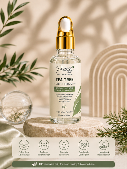 Prettify 2% Salicylic Acid and Tea Tree Serum for blemish-prone skin, reduce acne and pimples