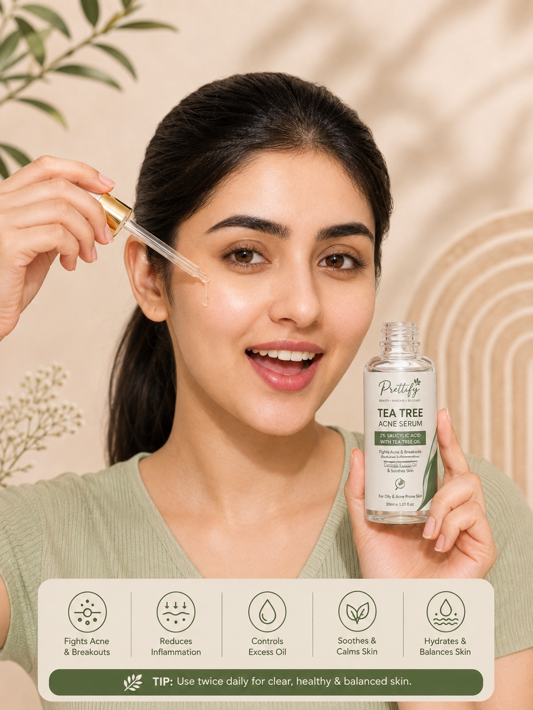 Prettify 2% Salicylic Acid and Tea Tree Serum for blemish-prone skin, reduce acne and pimples