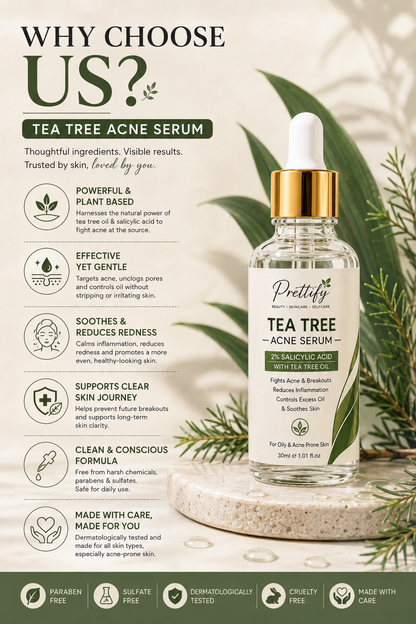 Prettify 2% Salicylic Acid and Tea Tree Serum for blemish-prone skin, reduce acne and pimples