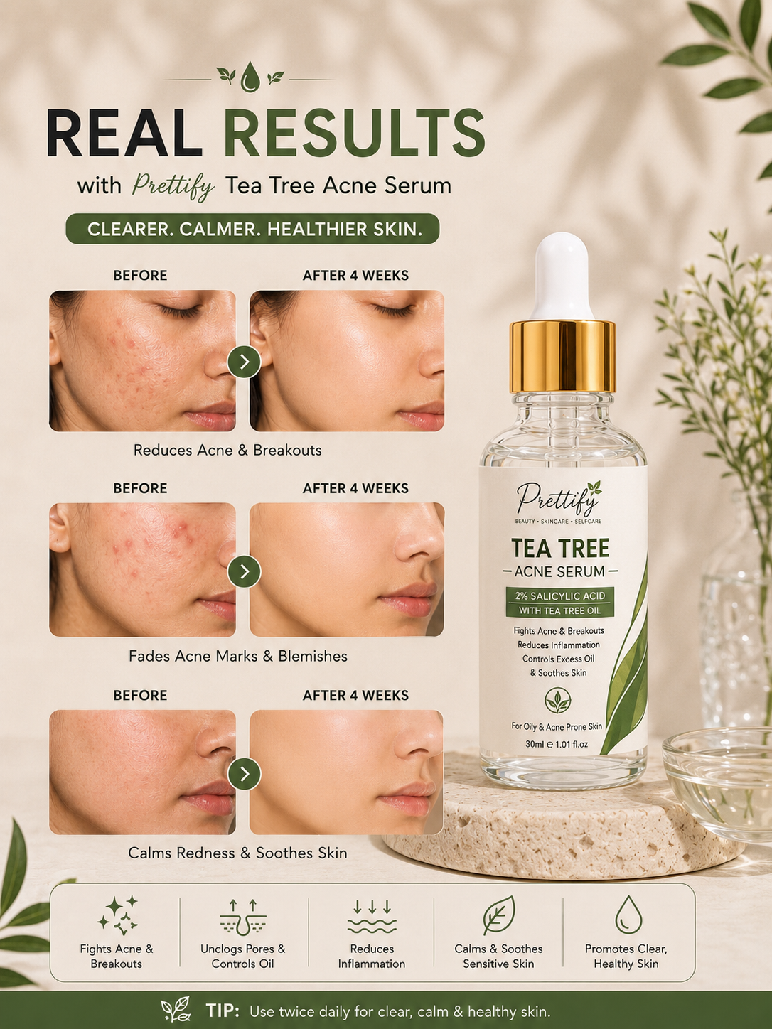 Prettify 2% Salicylic Acid and Tea Tree Serum for blemish-prone skin, reduce acne and pimples