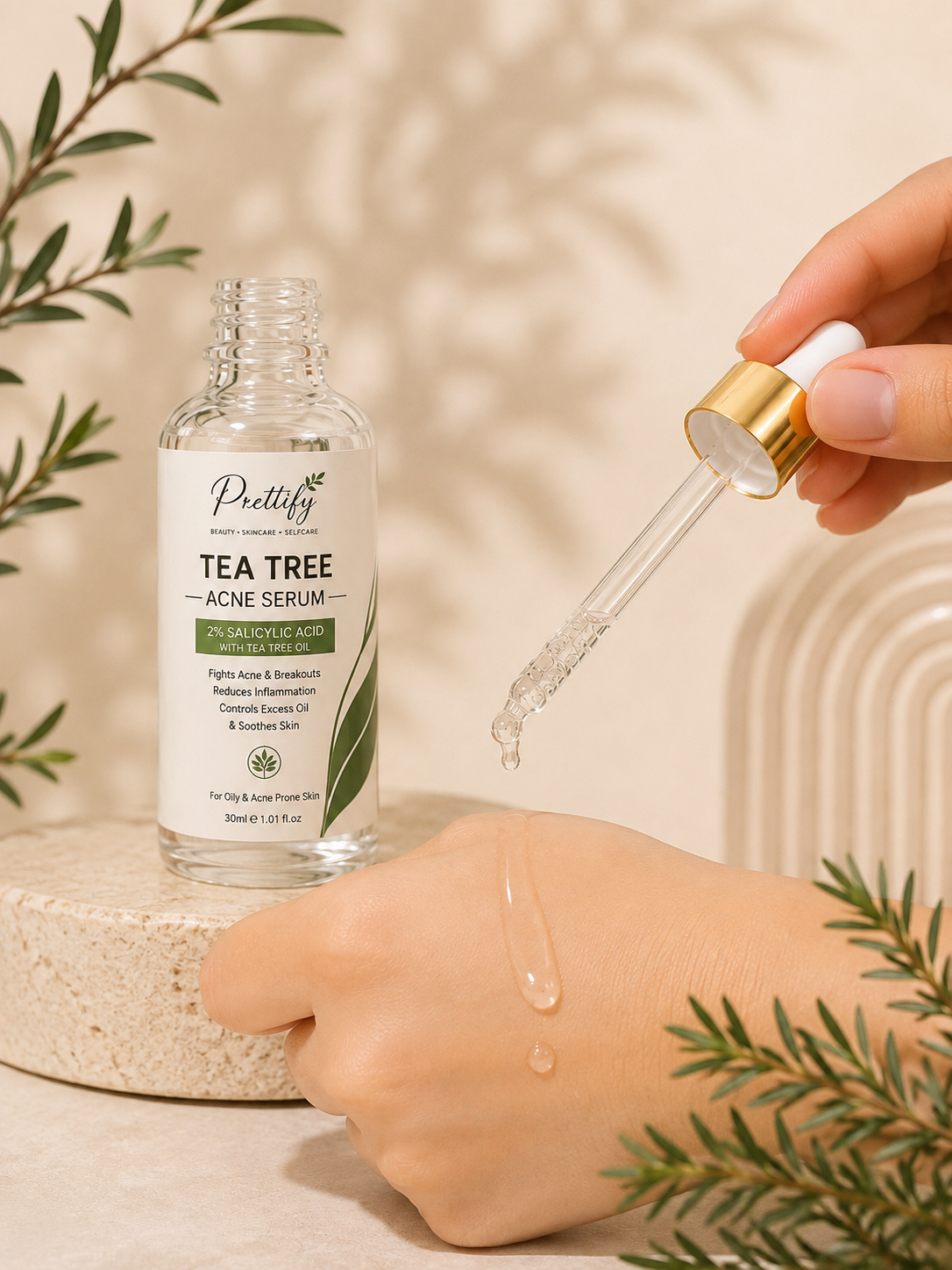 Prettify 2% Salicylic Acid and Tea Tree Serum for blemish-prone skin, reduce acne and pimples