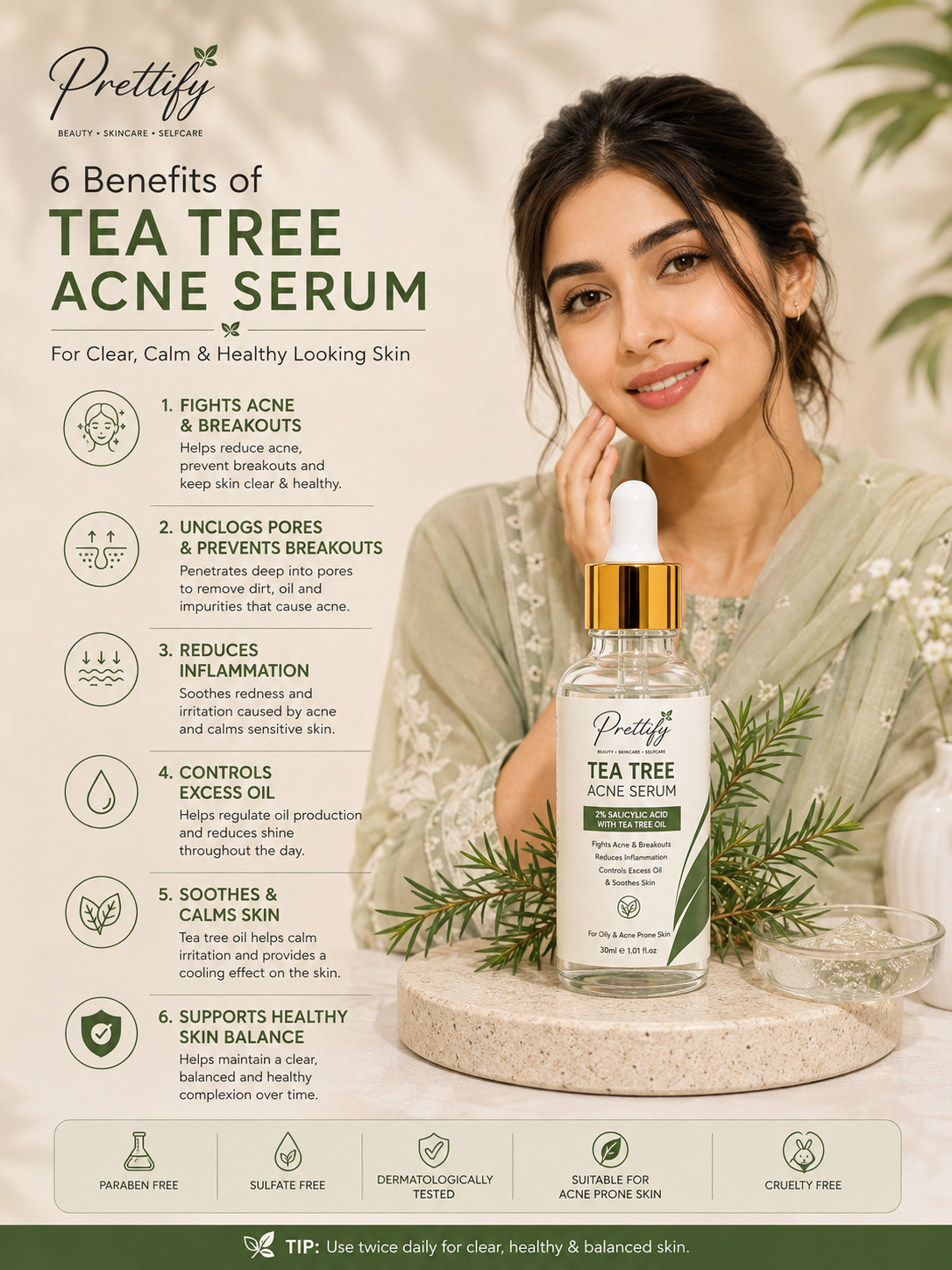 Prettify 2% Salicylic Acid and Tea Tree Serum for blemish-prone skin, reduce acne and pimples