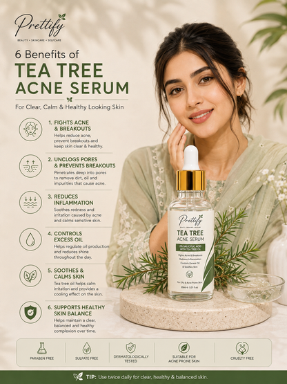 Prettify 2% Salicylic Acid and Tea Tree Serum for blemish-prone skin, reduce acne and pimples
