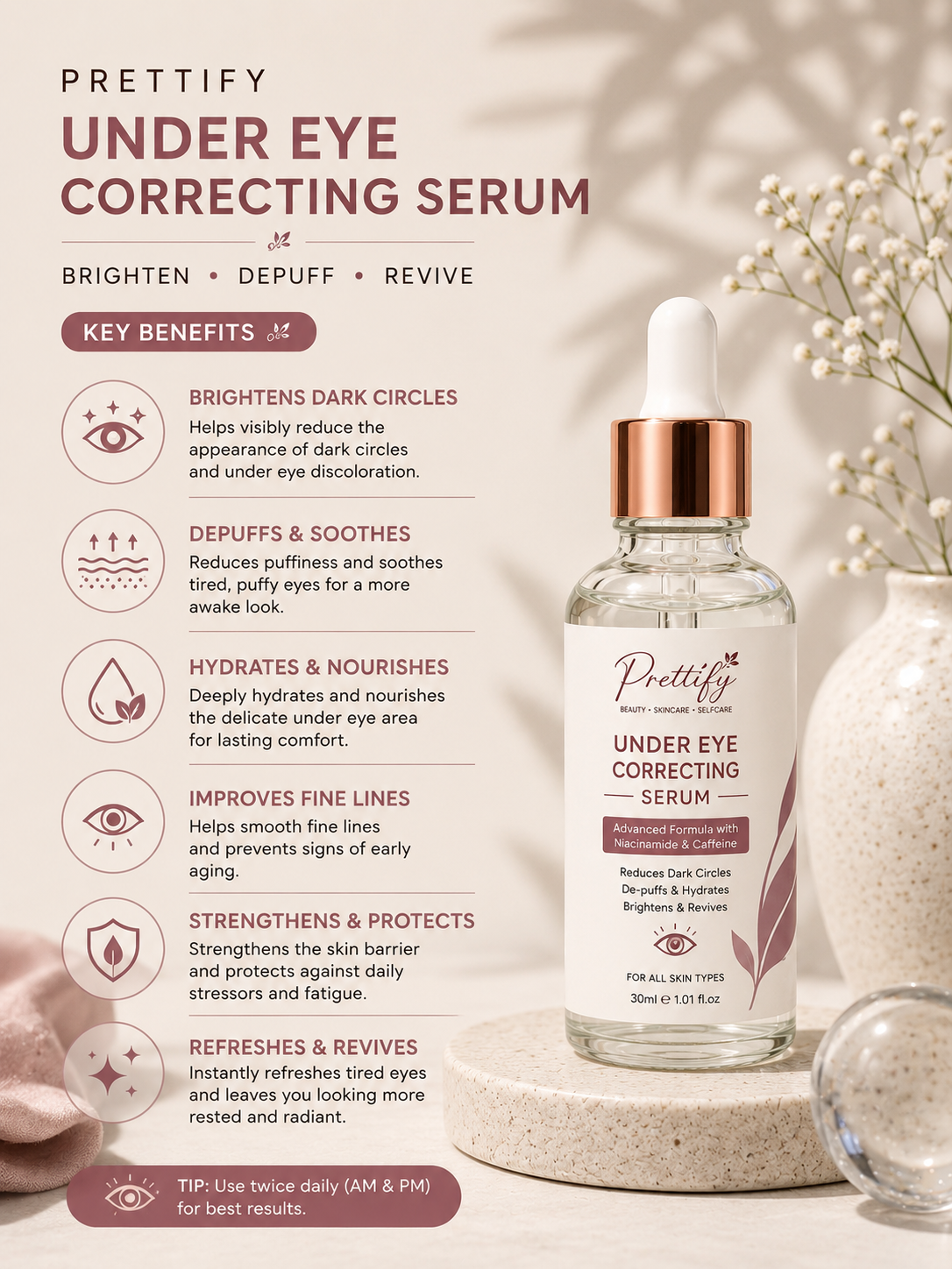 Prettify Dark Circles & Under Eye Correcting Serum – Reduces the appearance of dark circles, de-puffs, hydrates and brightens under-eyes