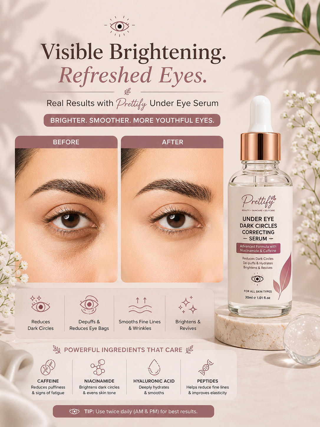 Prettify Dark Circles & Under Eye Correcting Serum – Reduces the appearance of dark circles, de-puffs, hydrates and brightens under-eyes