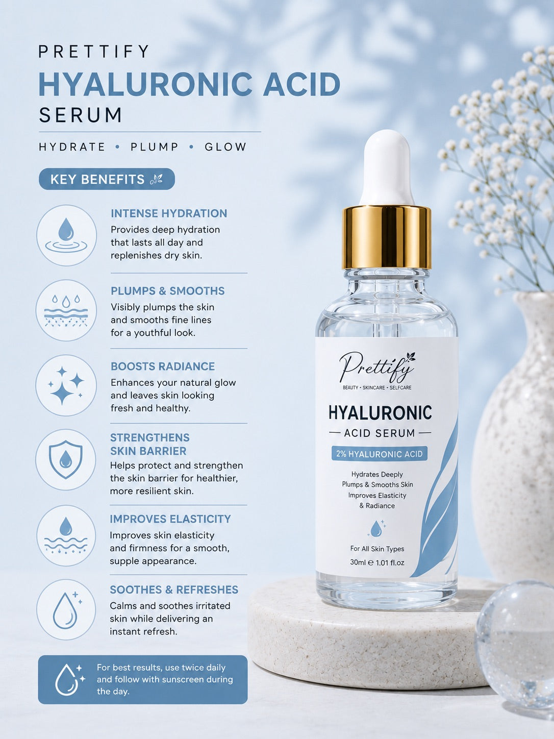Prettify Hyaluronic Hydration Serum for hydrated and plump-looking skin