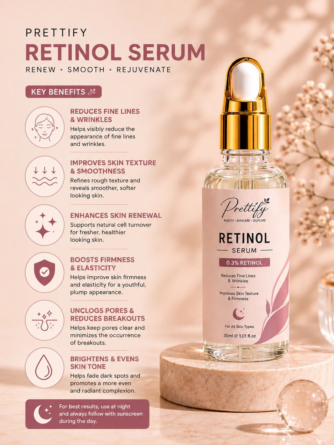 Prettify Retinol Renewal Serum for smoother, brighter-looking skin